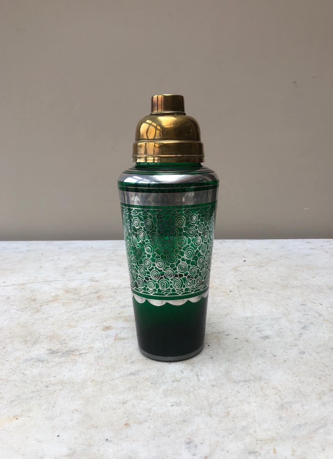 1930s Deco Cocktail Shaker Real Silver on Green Glass with Copper Top