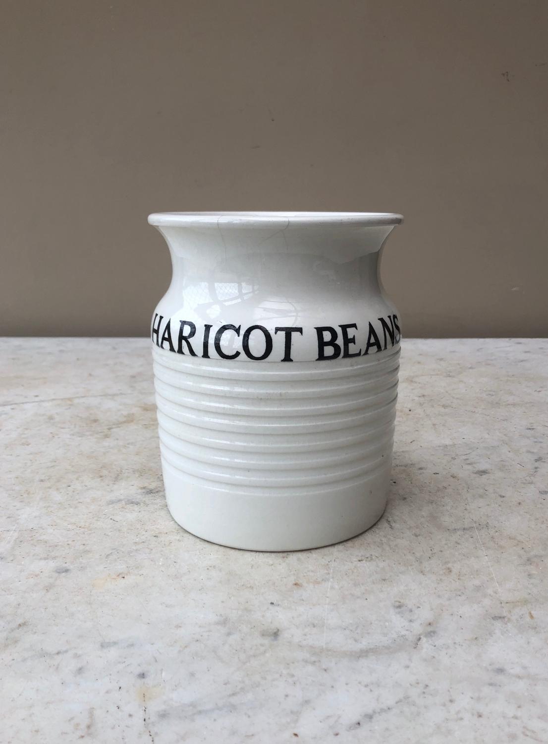 Large Antique White Banded Kitchen Storage Jar - Rare Haricot Beans
