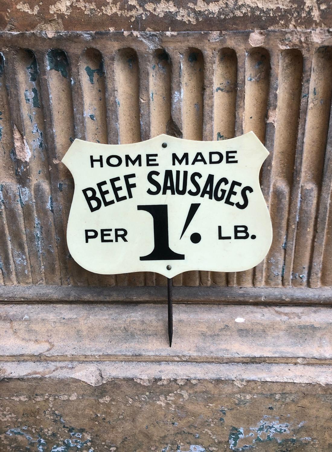 1940s Butchers Advertising Shop Sign - Home Made Beef Sausages
