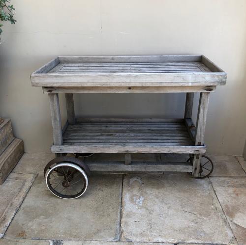 1920s Bleached Oak & Pine Slatted Pool Side Trolley on Wheels