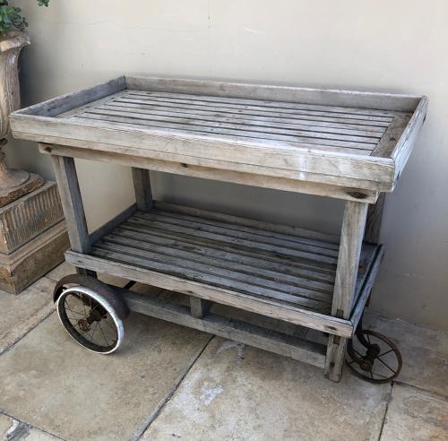 1920s Bleached Oak & Pine Slatted Pool Side Trolley on Wheels