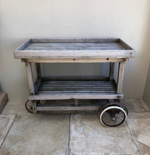 1920s Bleached Oak & Pine Slatted Pool Side Trolley on Wheels