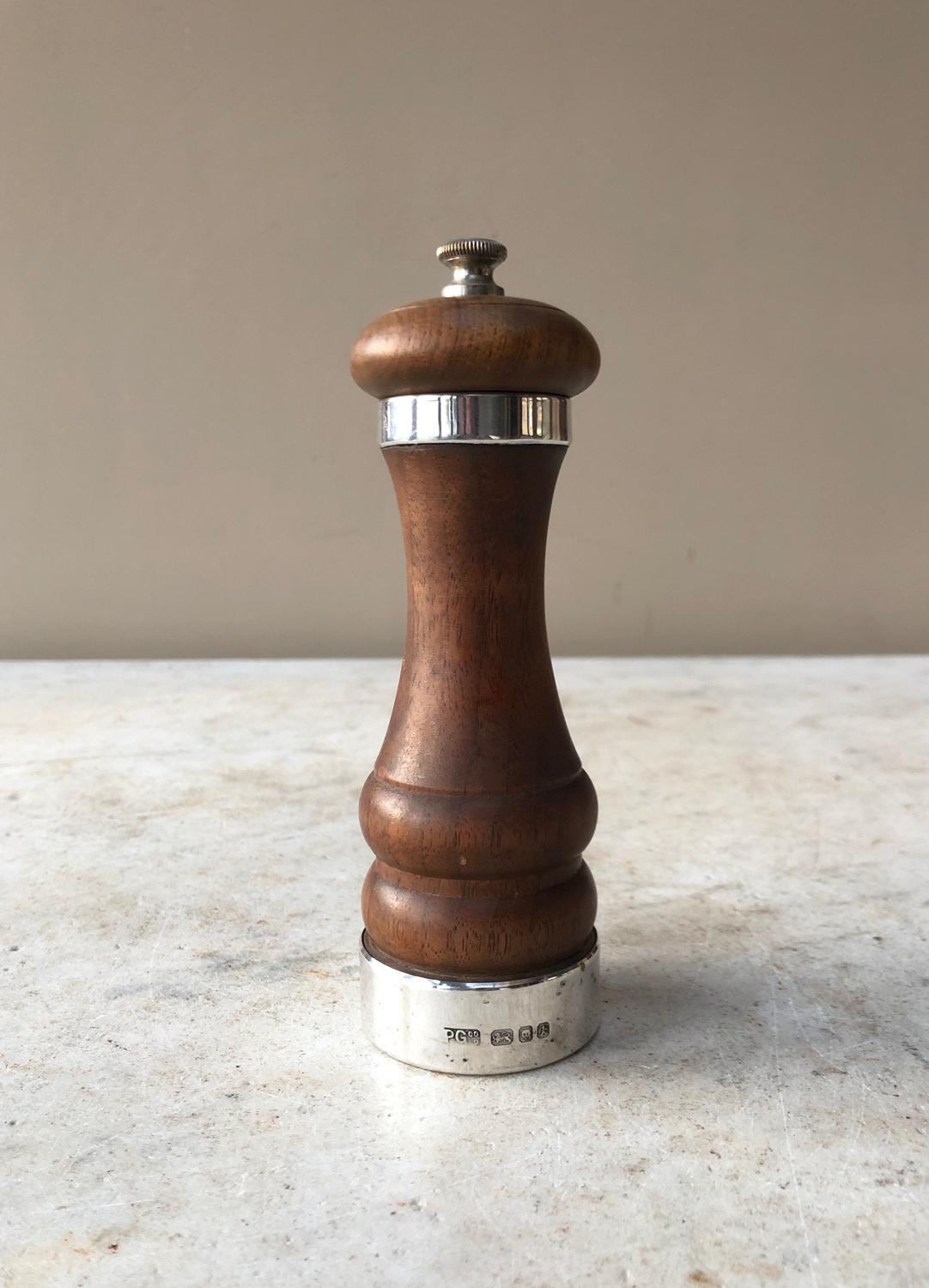 Treen Hallmarked Silver Banded Pepper Mill 1965