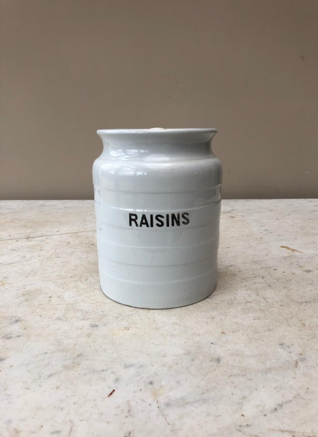 Early 20th Century White Banded Kitchen Storage Jar - Raisins