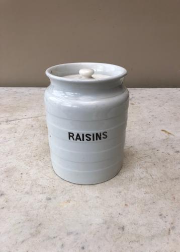 Early 20th Century White Banded Kitchen Storage Jar - Raisins