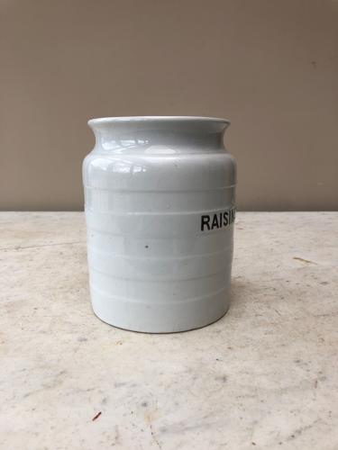 Early 20th Century White Banded Kitchen Storage Jar - Raisins
