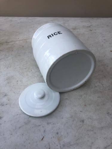 Early 20thC White Banded Kitchen Storage Jar - Rice