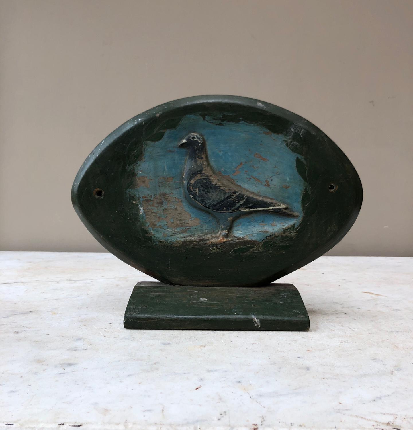 Early 20th Century Carved & Painted Pine Pigeon Plaque - Flo