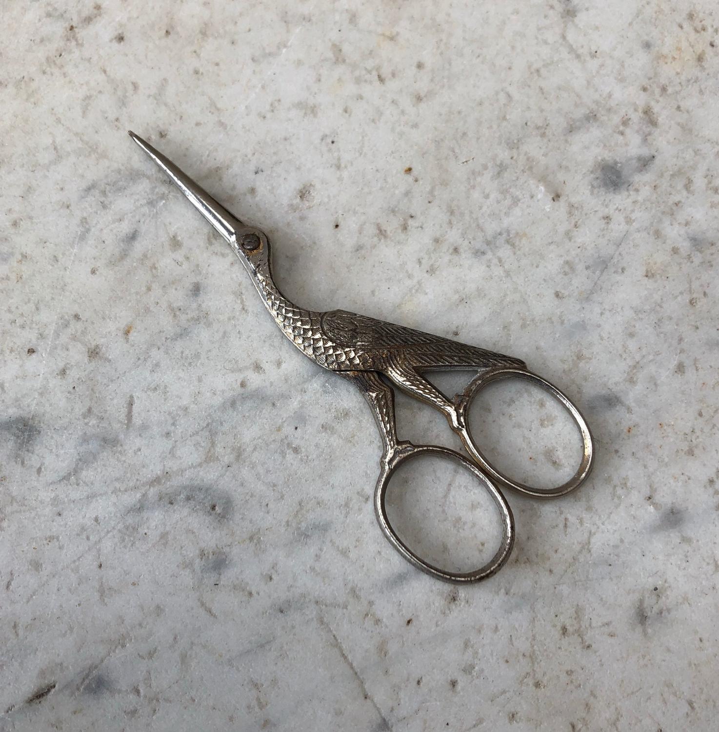 Early 20th Century Silver Metal Needlework Scissors - Stork
