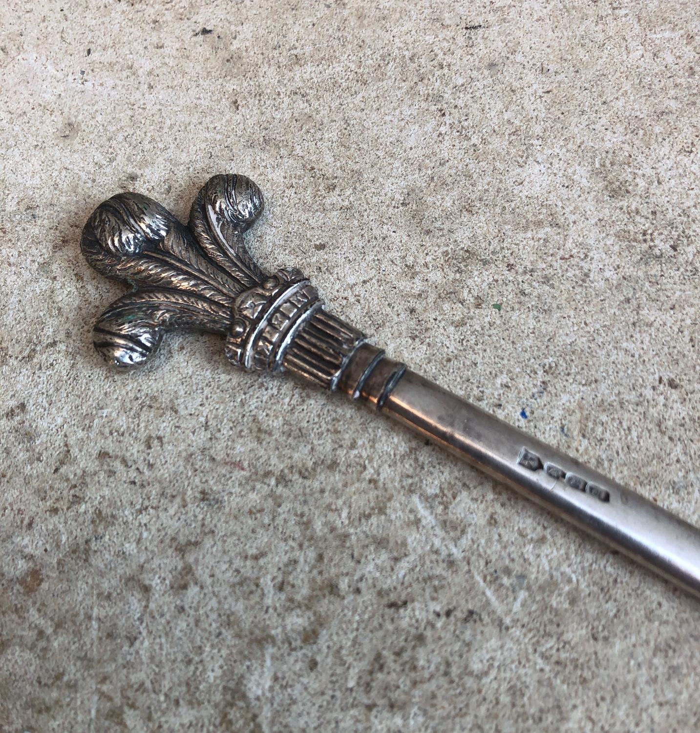 Early 20thC Long Silver Plate Meat Skewer - Prince of Wales Feathers