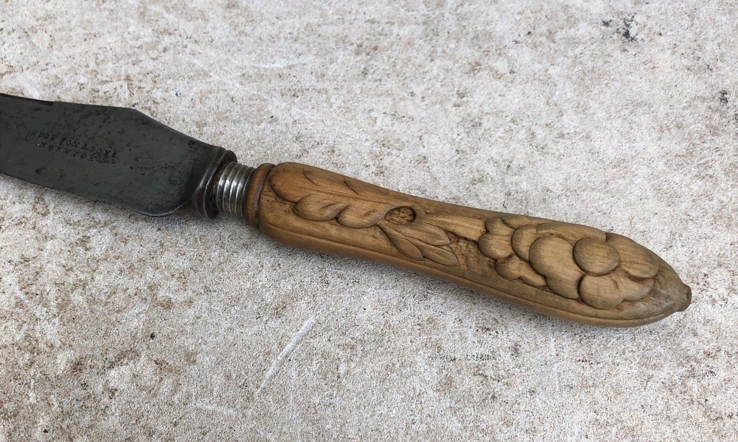 Late Victorian Bread Knife with Carved Handle - Norwich Stamp