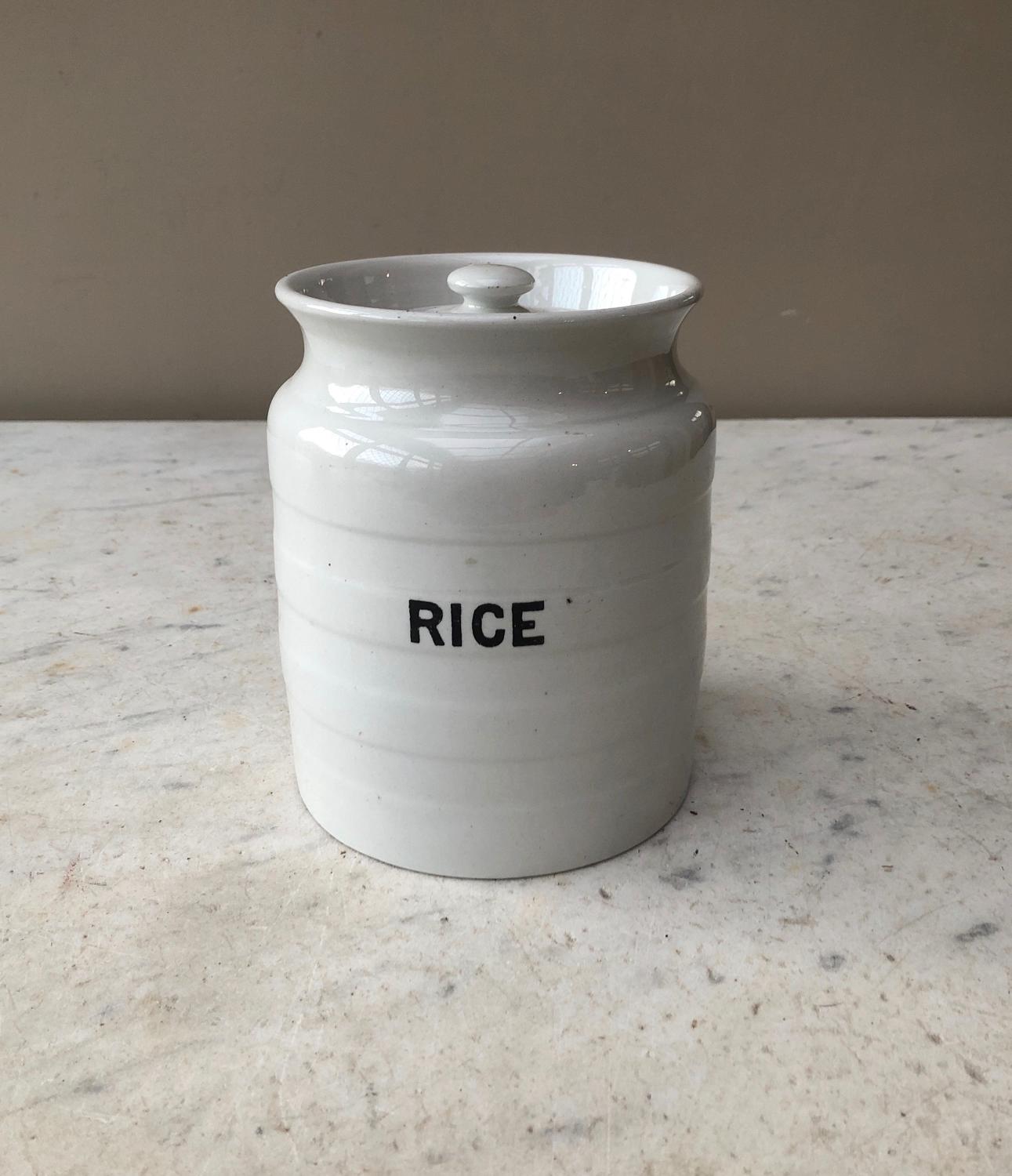 Early 20th Century White Banded Kitchen Storage Jar - Rice