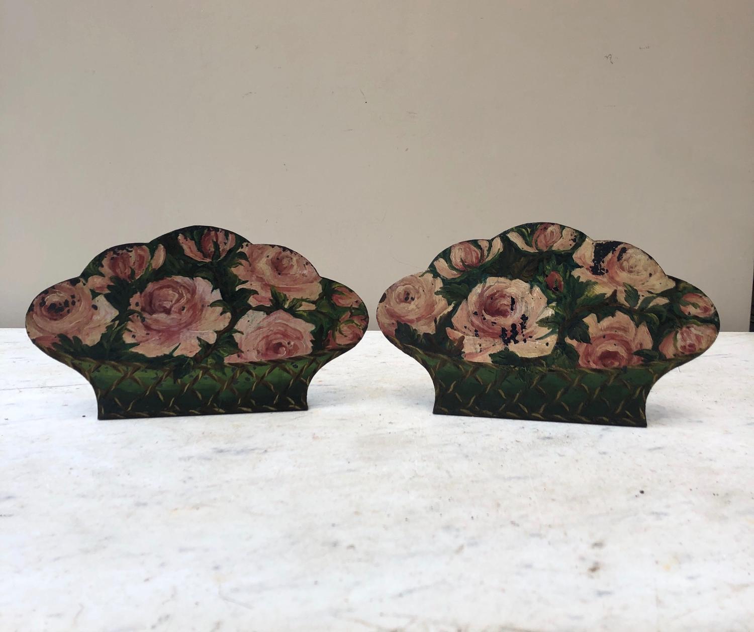 Edwardian Pair of Toleware Bookends...Roses in Baskets