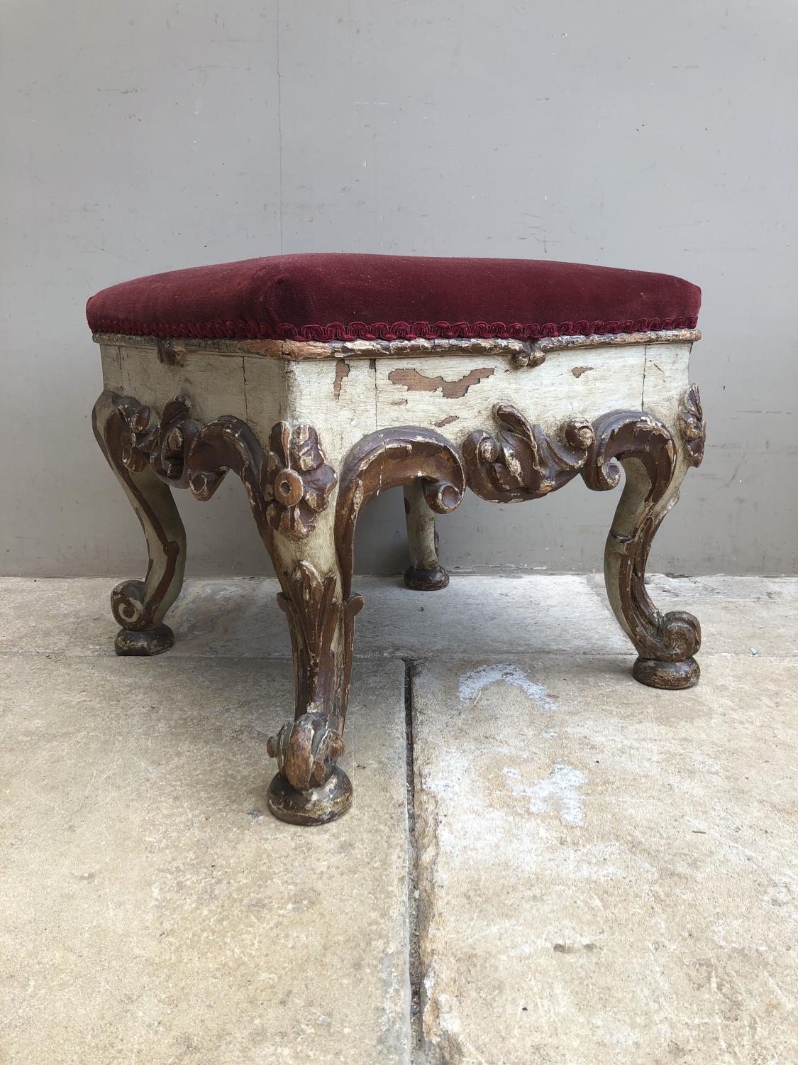 Victorian Carved Pine Stool in Original Paint