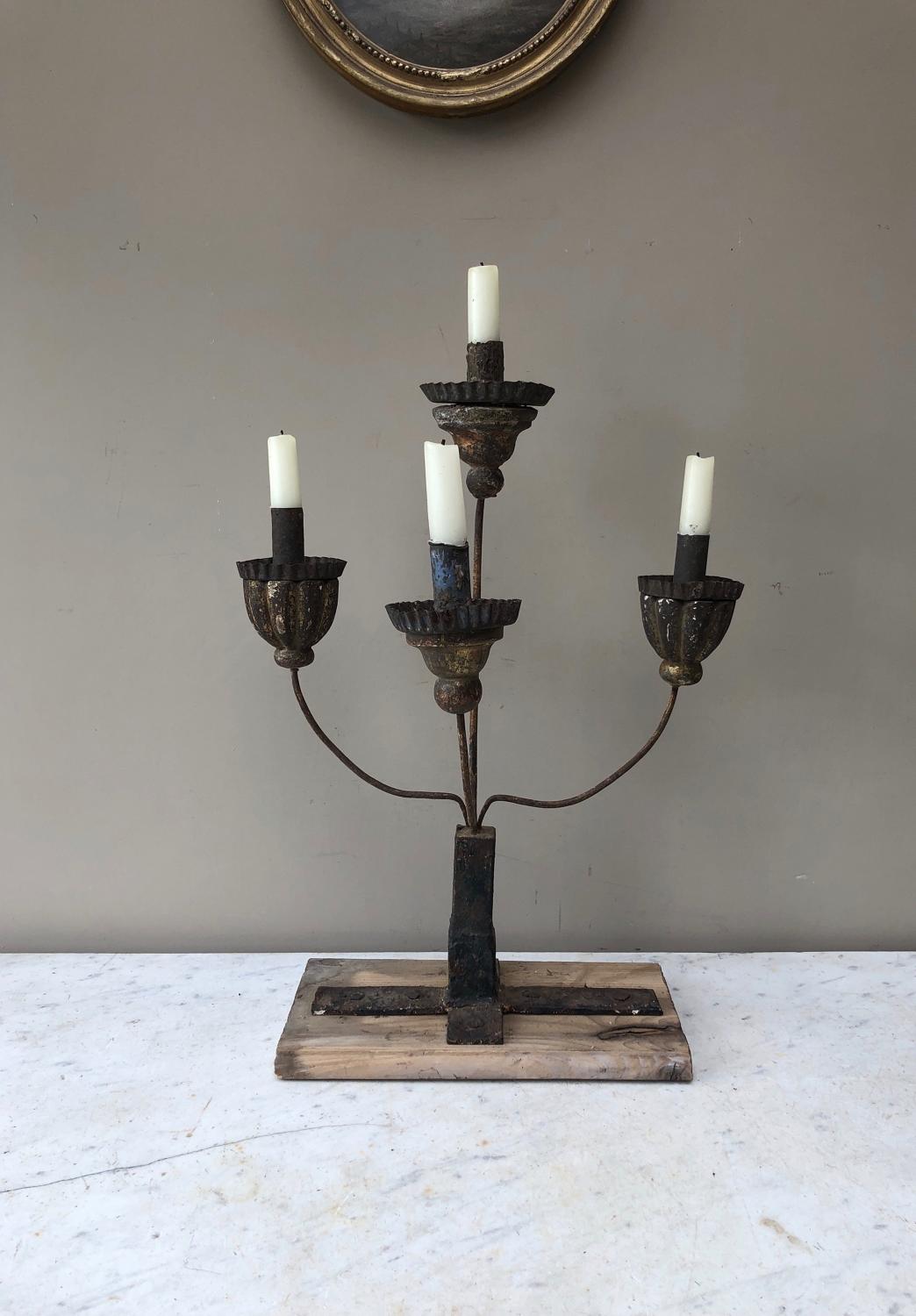 Unusual 19th Century Iron Candle Holder on Later Pine Stand