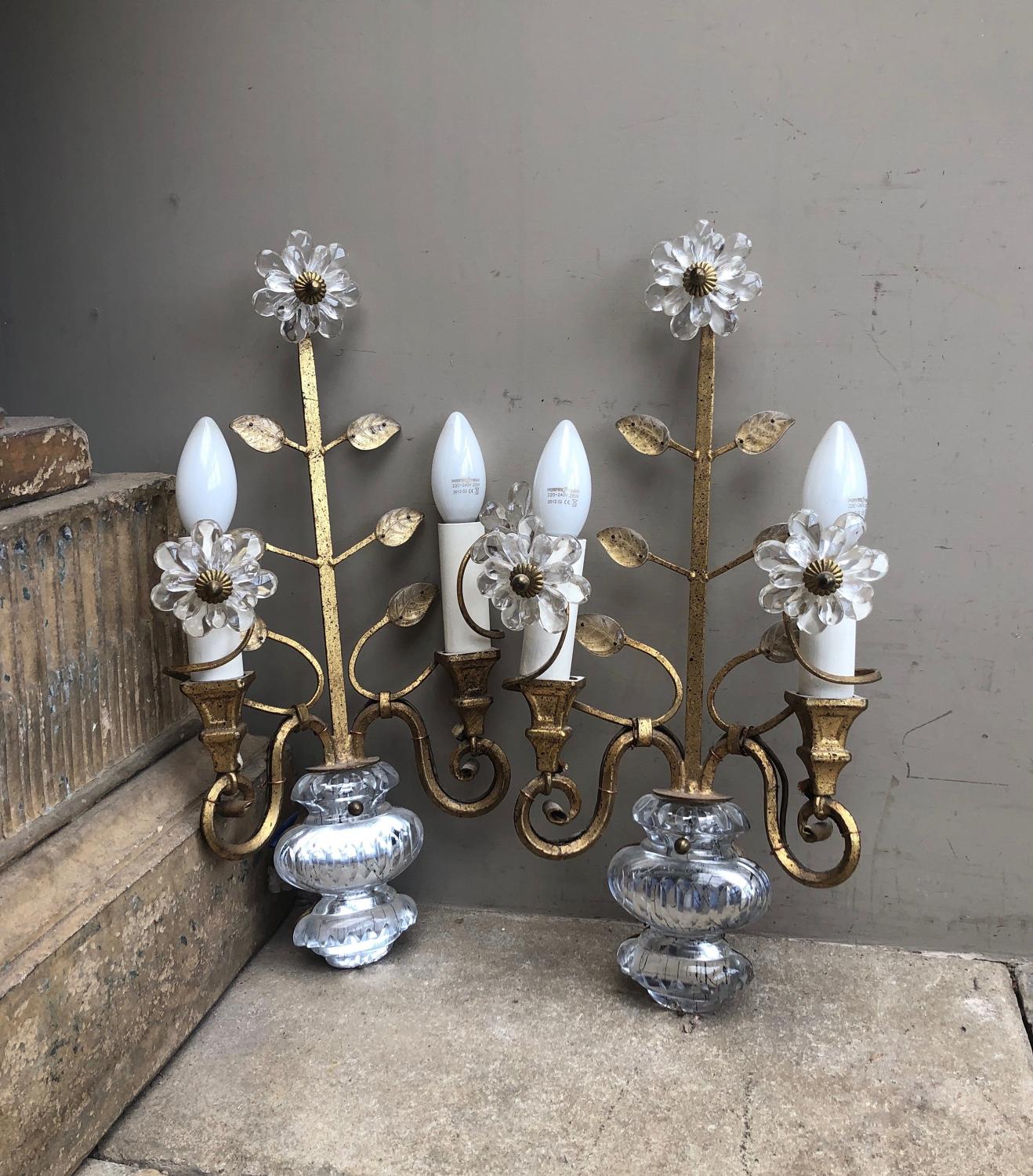 Pair of Mid Century Gilt Metal & Glass Bagues Style Lights