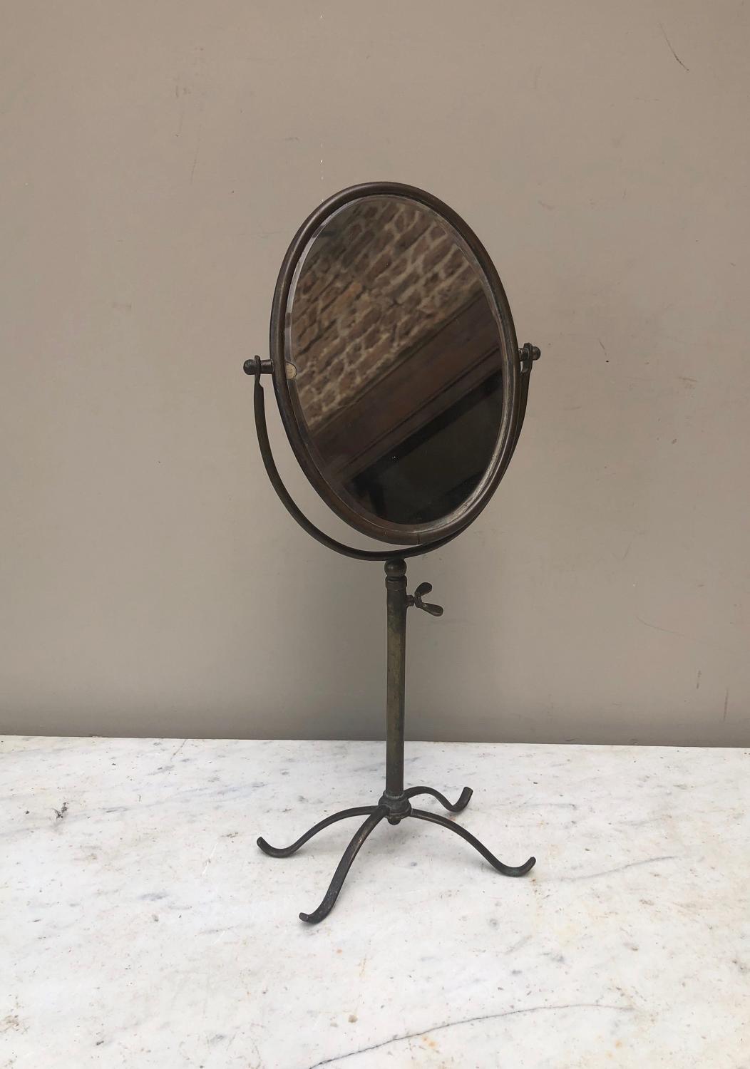 1920s Brass Travelling Vanity Mirror on Tripod Stand