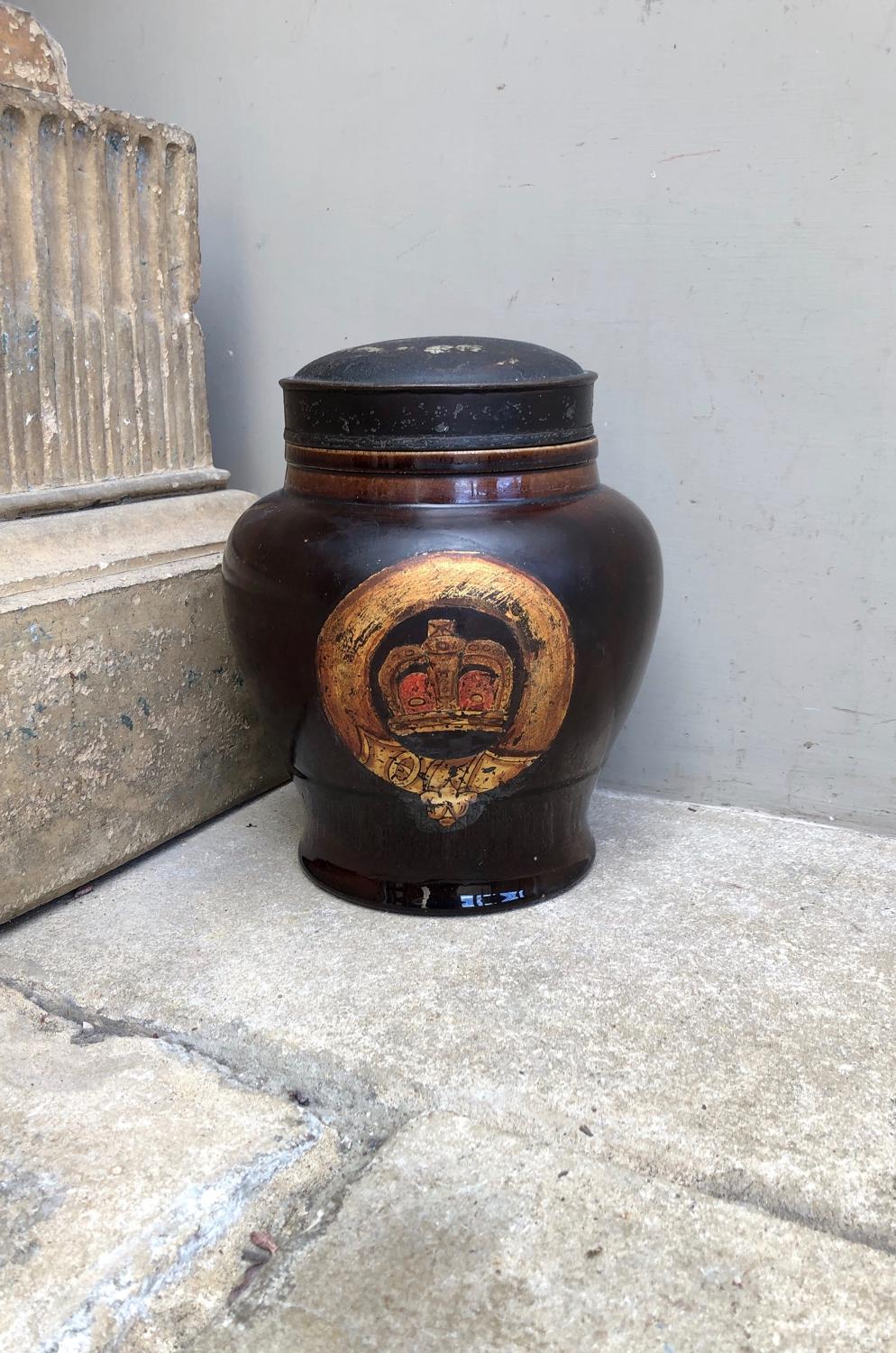 Victorian Tobacco or Storage Jar with Crown Front & Original Tin Lid