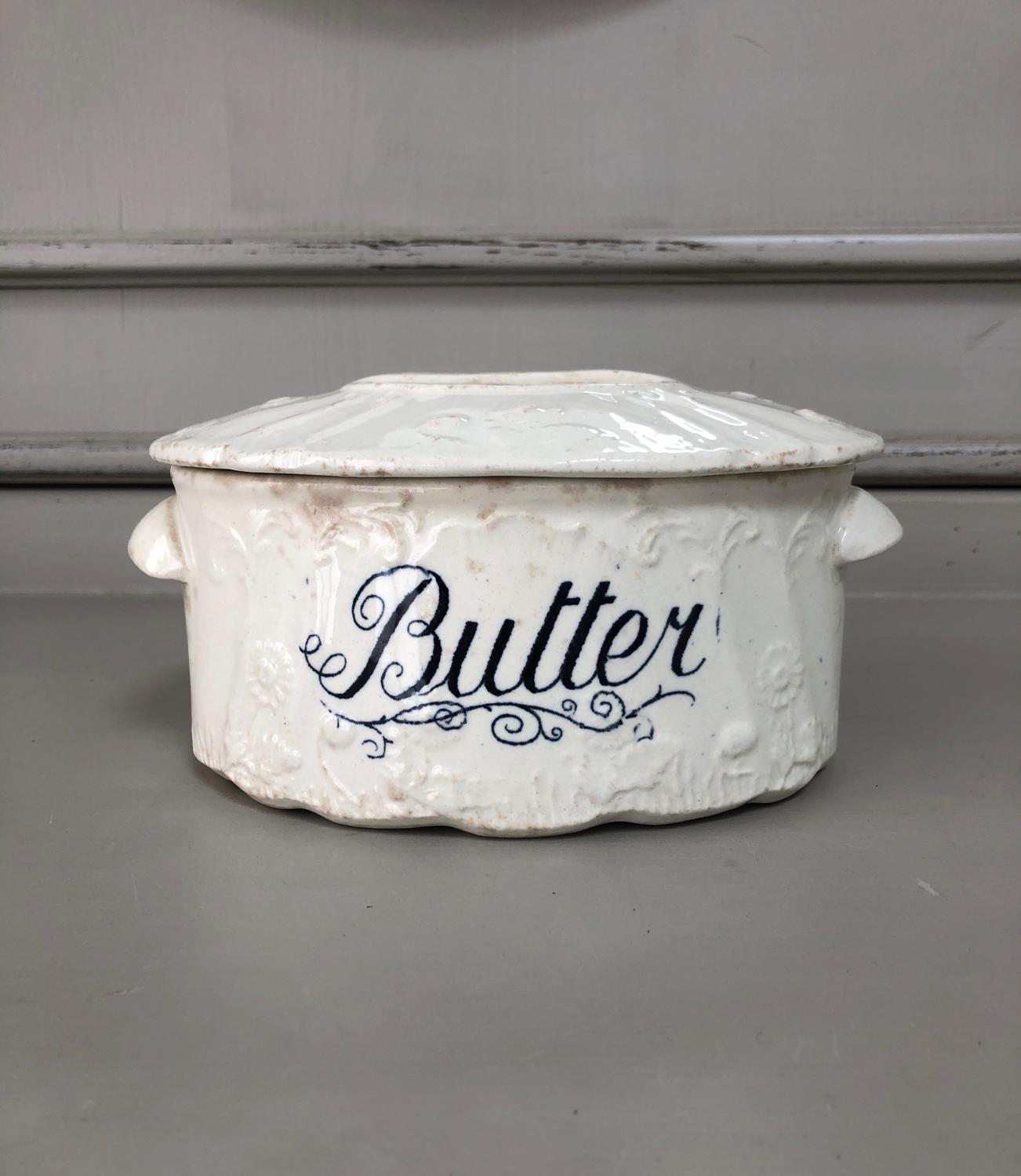 Victorian White Ironstone Butter Dish with Original Lid