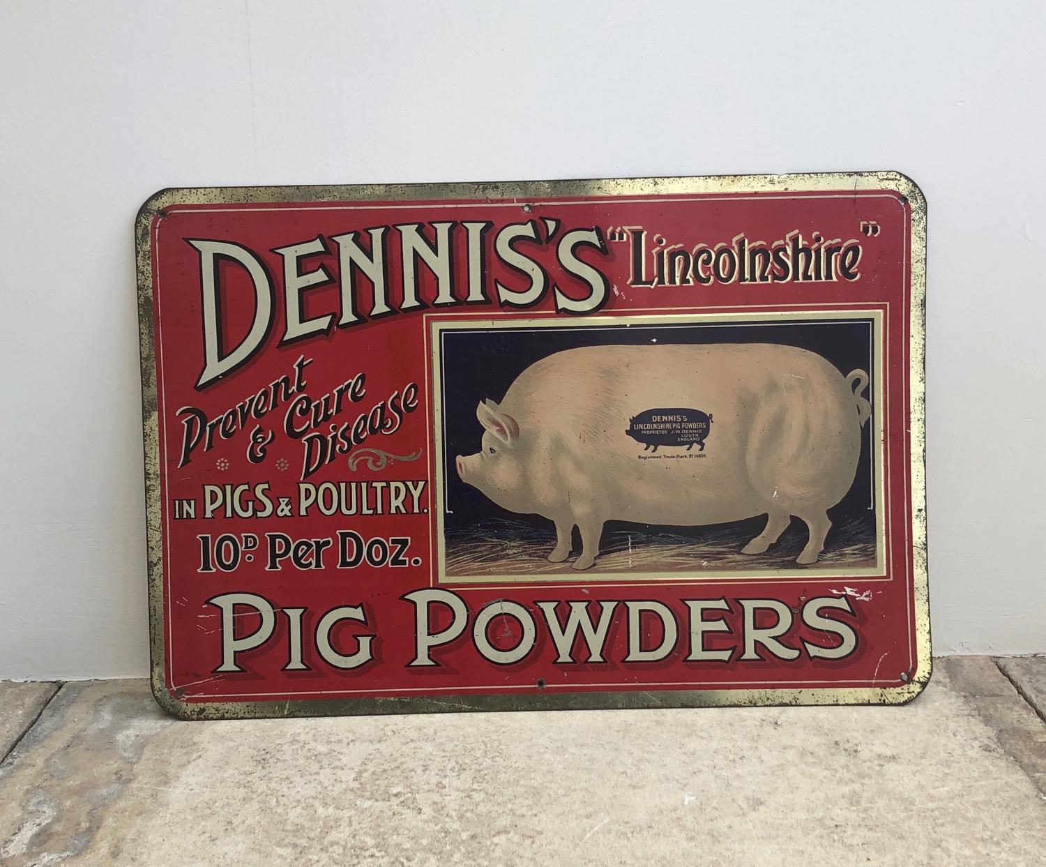 Early 20thC Dennis's Lincolnshire Pig Powders Sign in Lovely Condition