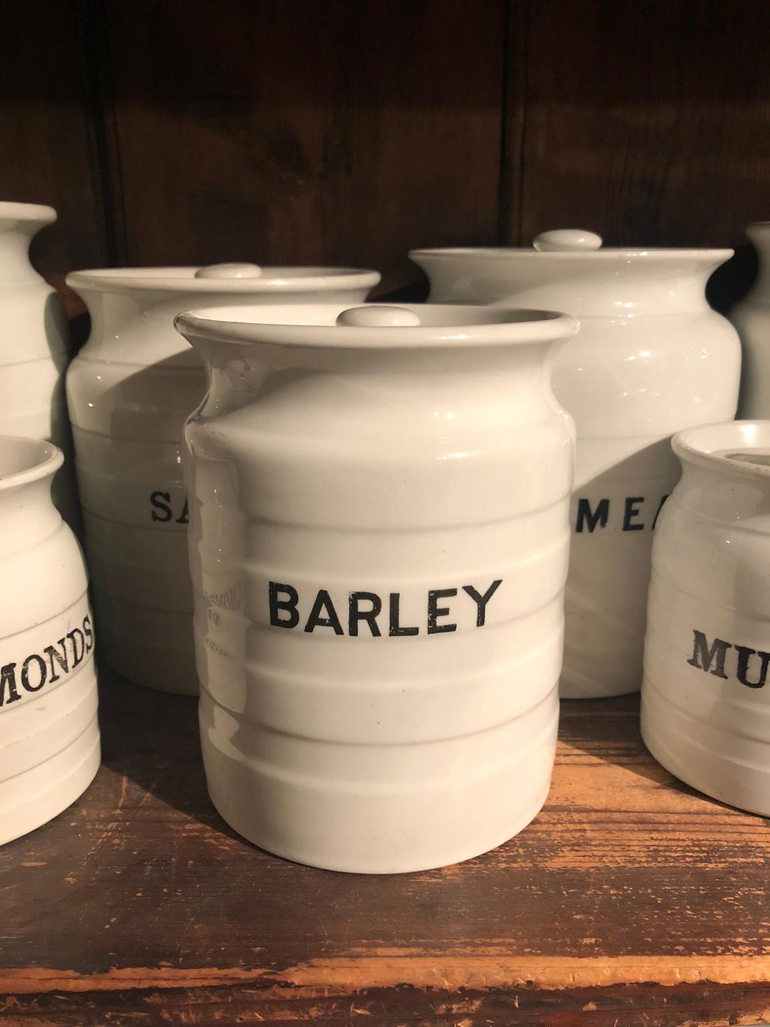 Early 20thC White Banded Kitchen Jar with Original Lid - Barley