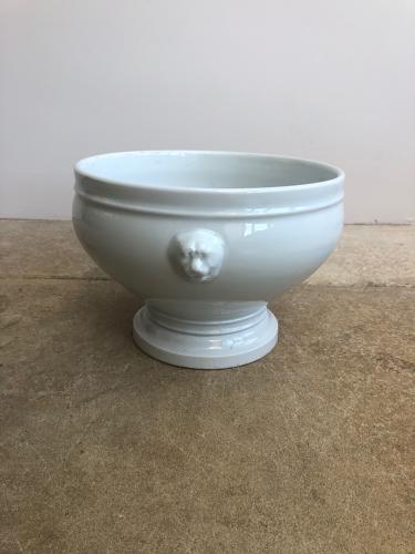 Mid Century French White Porcelain Bowl with Lions Head to Sides