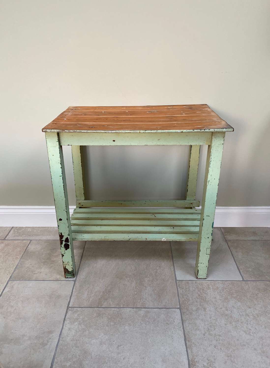 Early 20thC Painted Pine Table with Slatted Base Stretcher Shelf