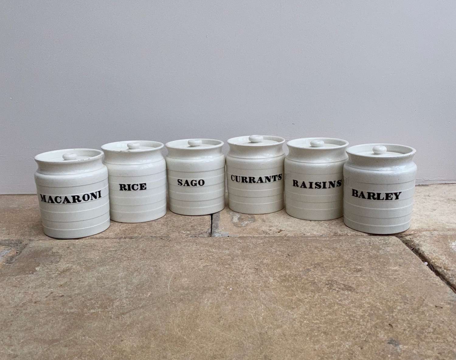 Set of Six Late Victorian Minton White Banded Kitchen Storage Jars