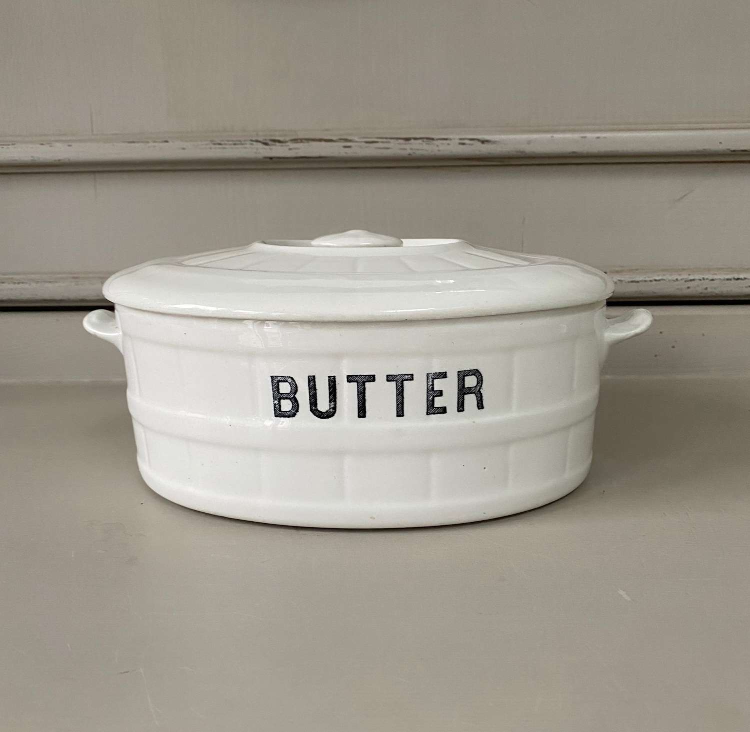 Large Size Edwardian White Banded Ironstone Butter Dish with Lid