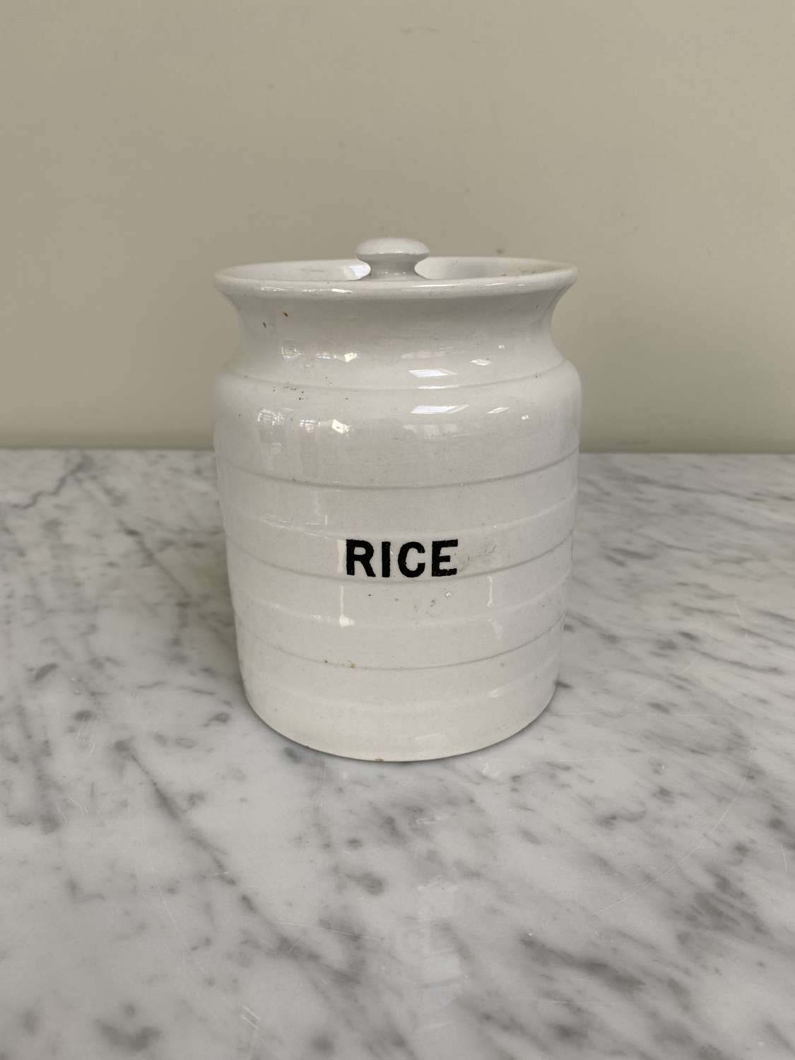 Early 20th Century White Banded Kitchen Jar with Original Lid - Rice