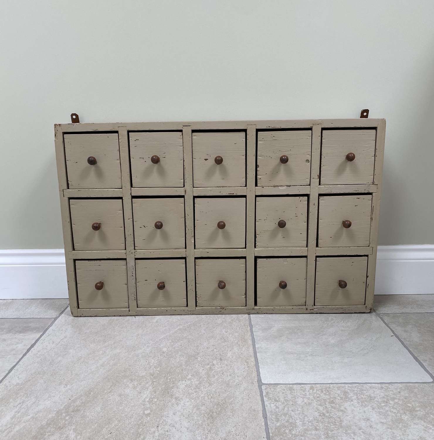 Early 20th Century Pine Bank of Fifteen Drawers with Orig Metal Knobs