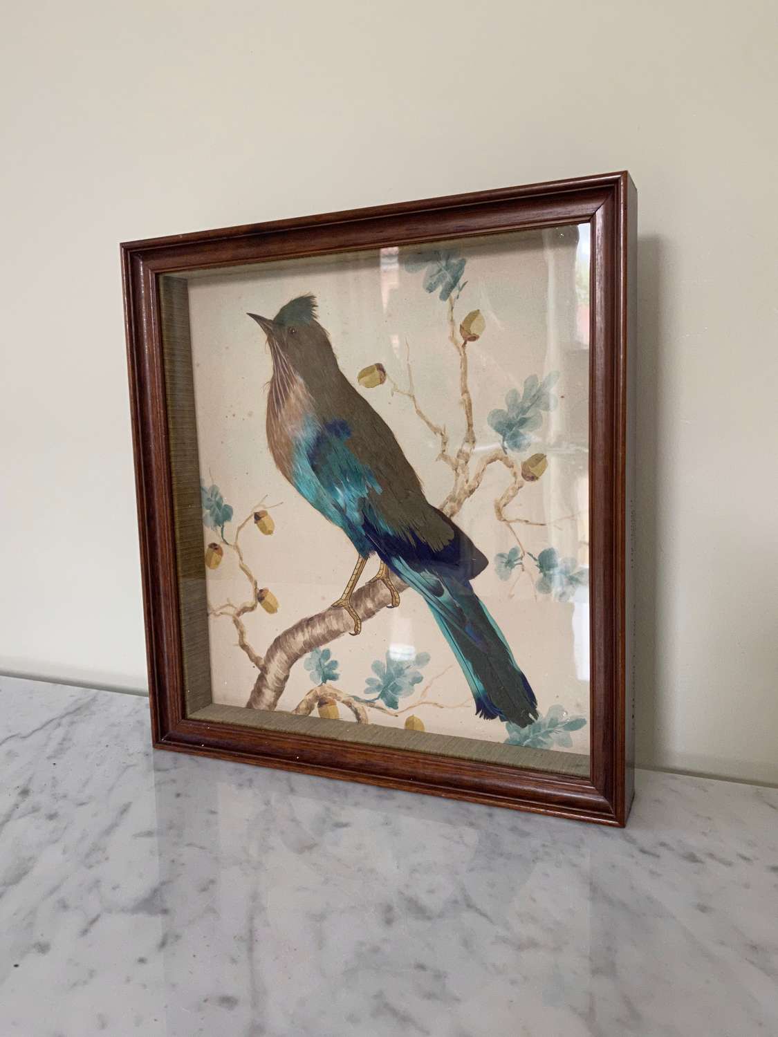 1940s Feathered Bird Picture with Hand Painted Watercolour Background