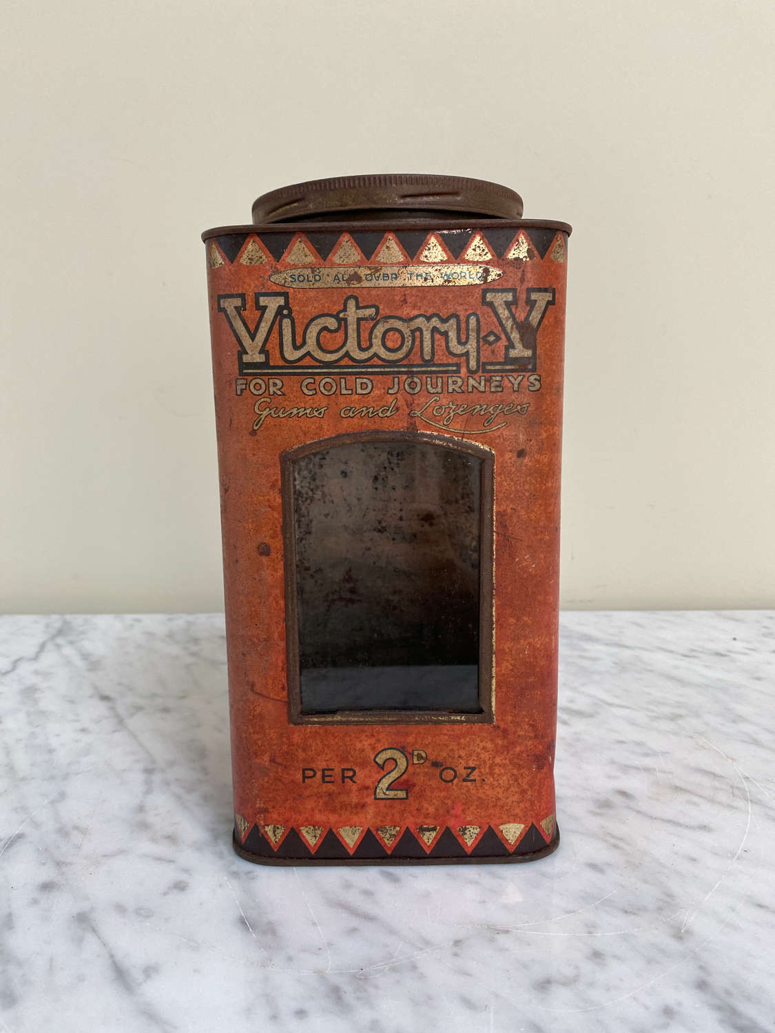 Victory V Shops Sweet Tin with Original Glass Front c1920