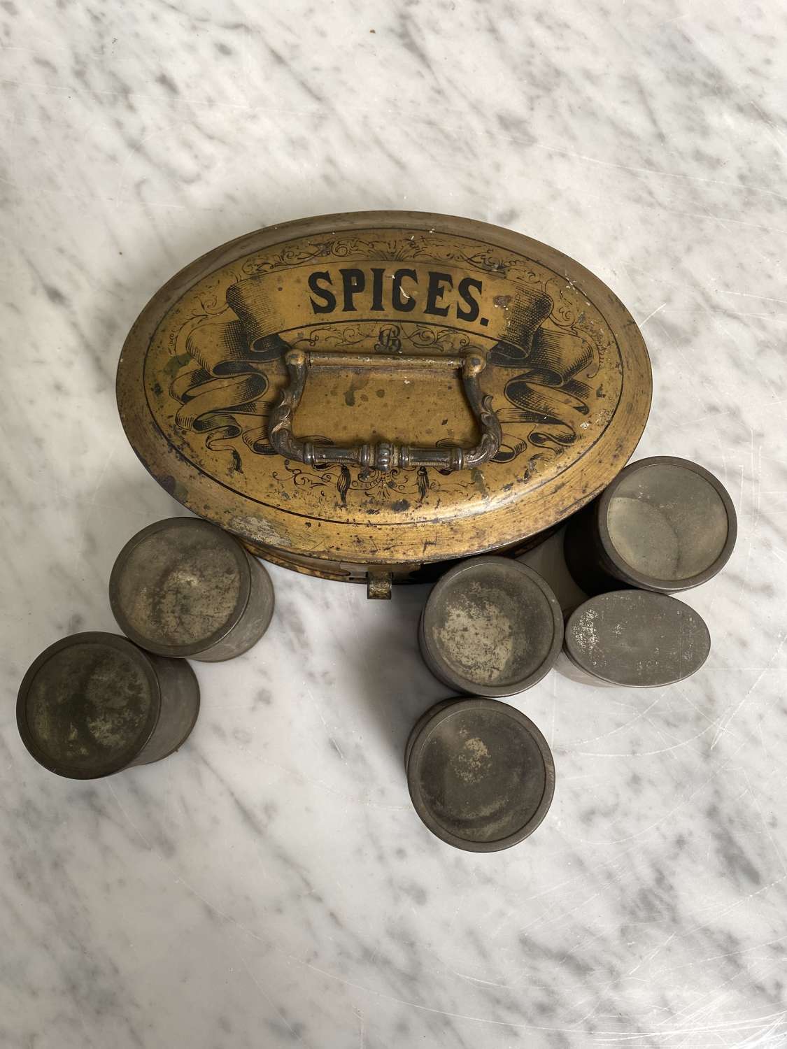 Late Victorian Spices Tin with Full Set of Spice Jars