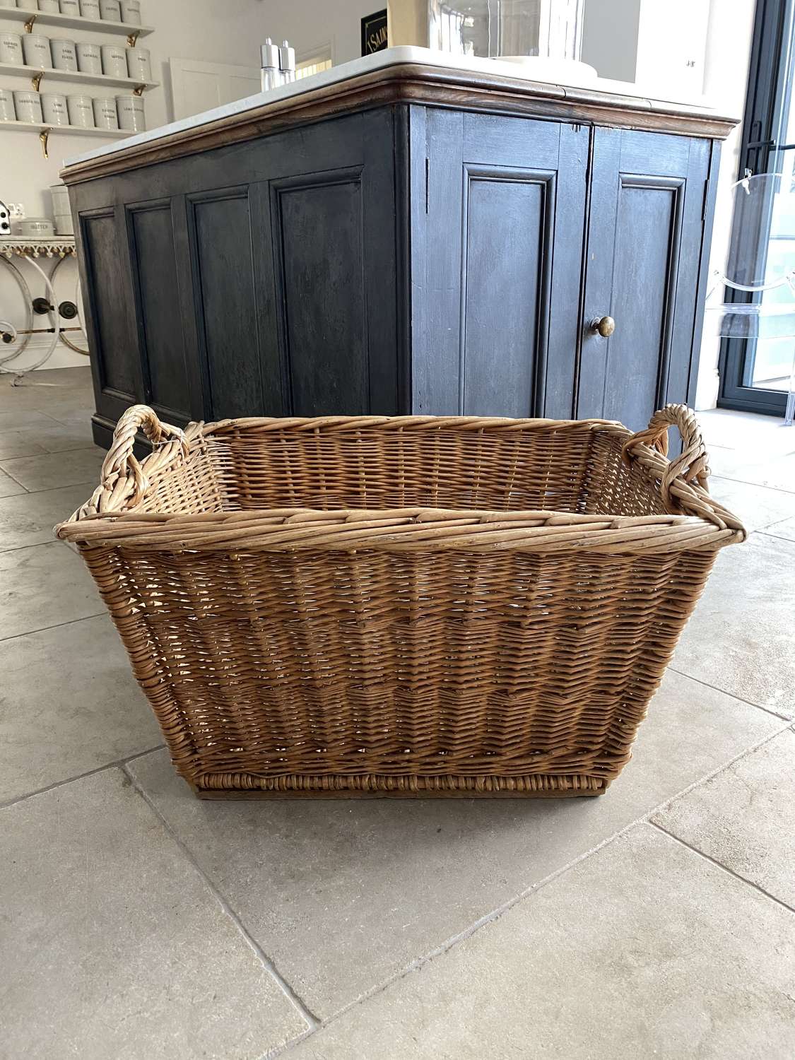 Large Antique Basket with Wooden Slat Base in Excellent Condition