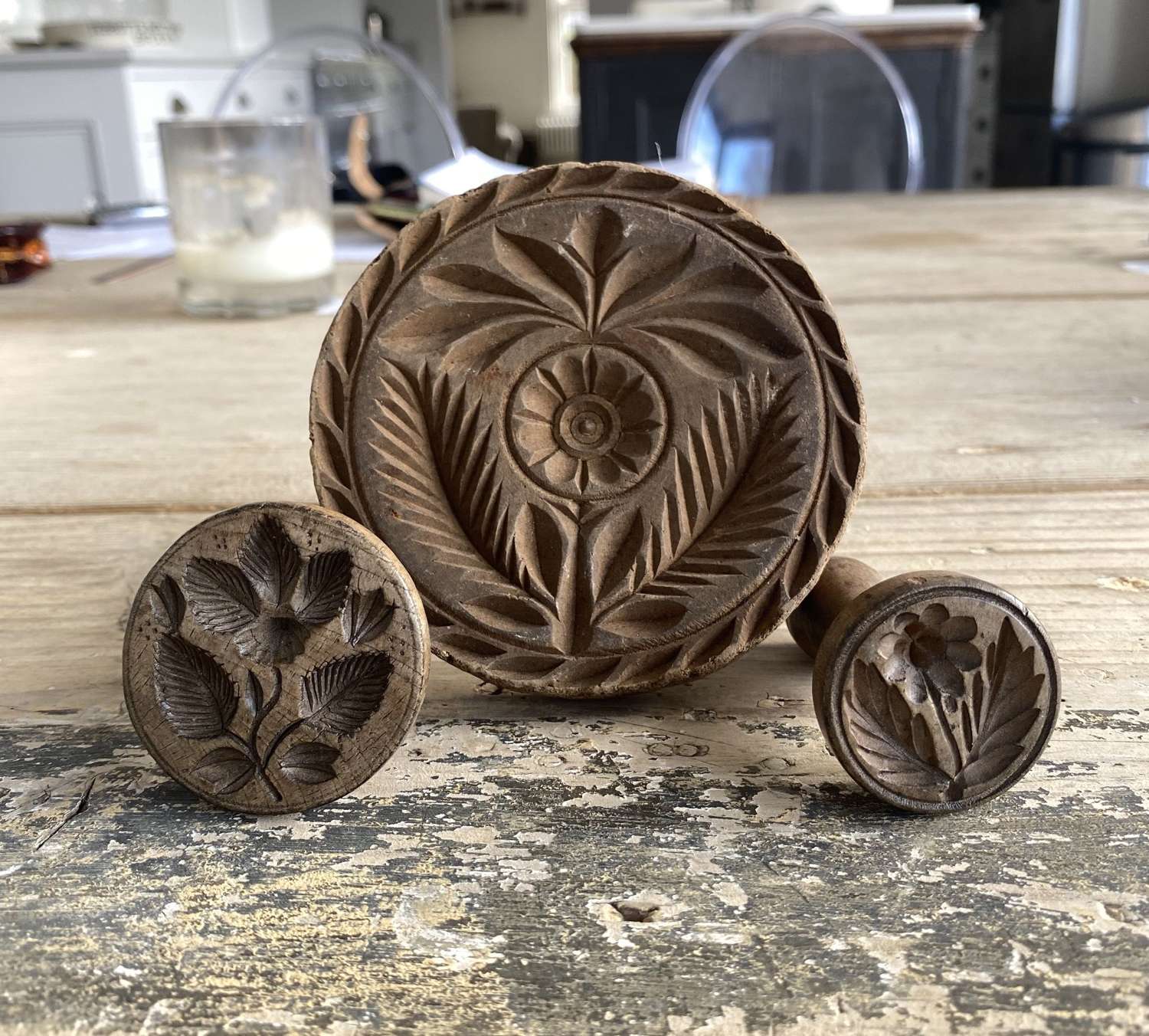 Three Late Victorian Hand Craved Treen Floral Butter Stamps