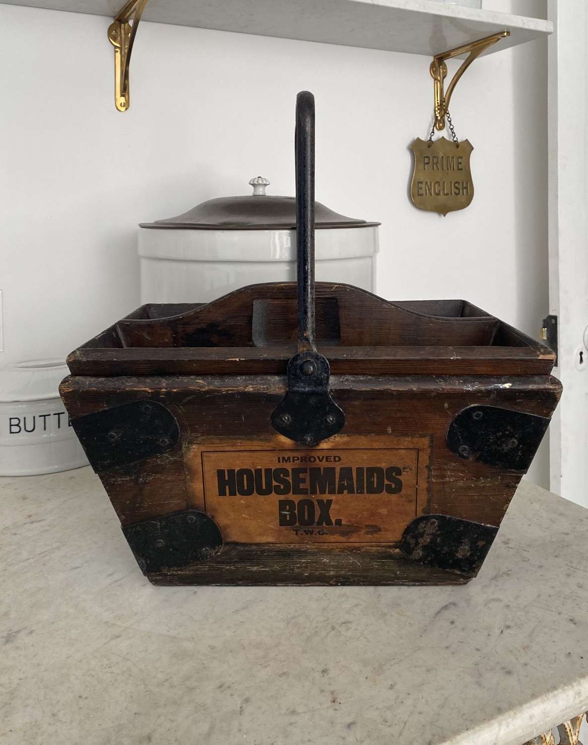 Edwardian Pine Housemaids Box with Inner Tray & Original Label