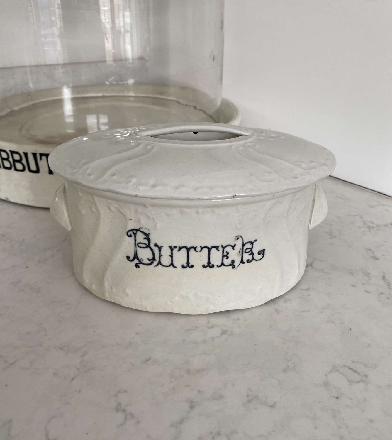 Late Victorian Ironstone Black on White Butter Dish