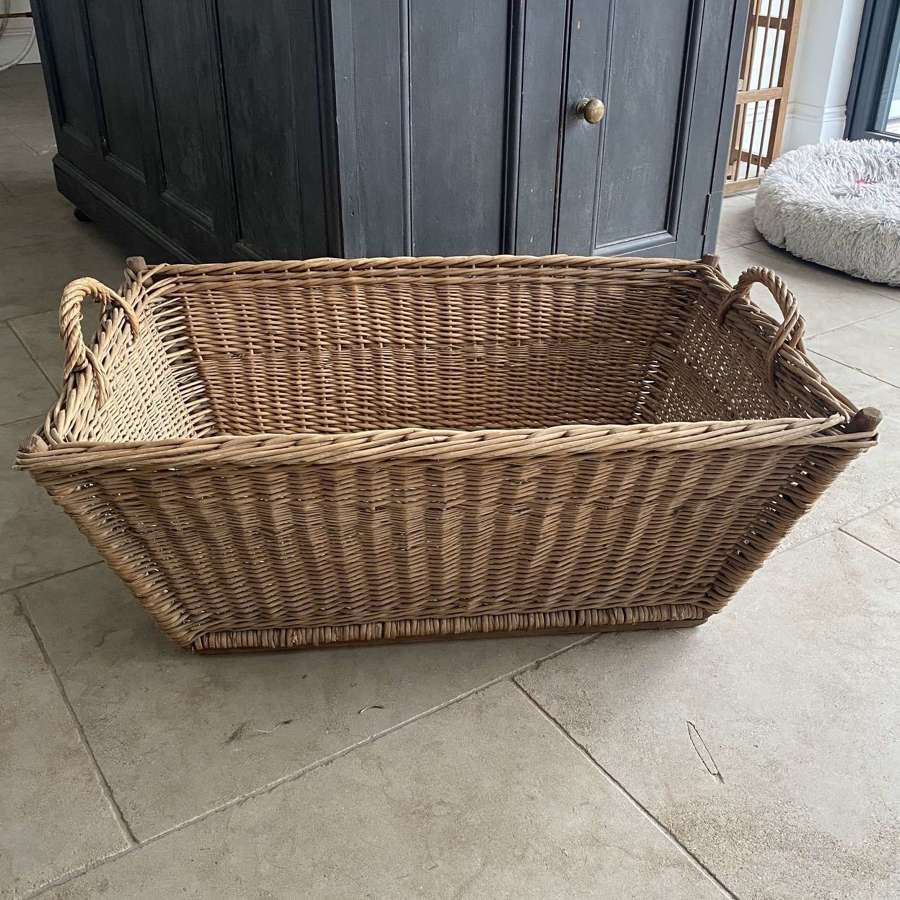 Large Antique Basket with Wooden Slat Base & Side Handles.