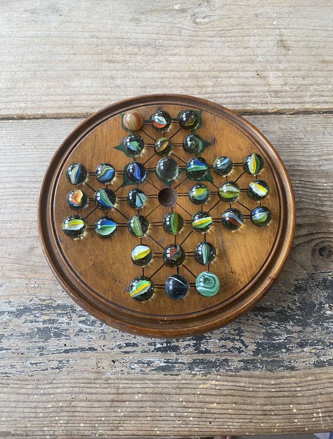 Early 20th Century Treen Solitaire Board with Storage Under & Marbles
