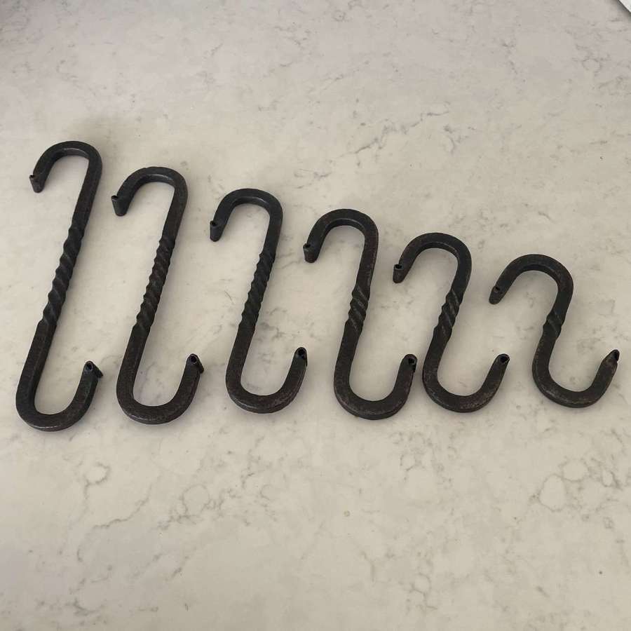 Late Victorian Set of Six Iron Butchers Hooks with Central Twist