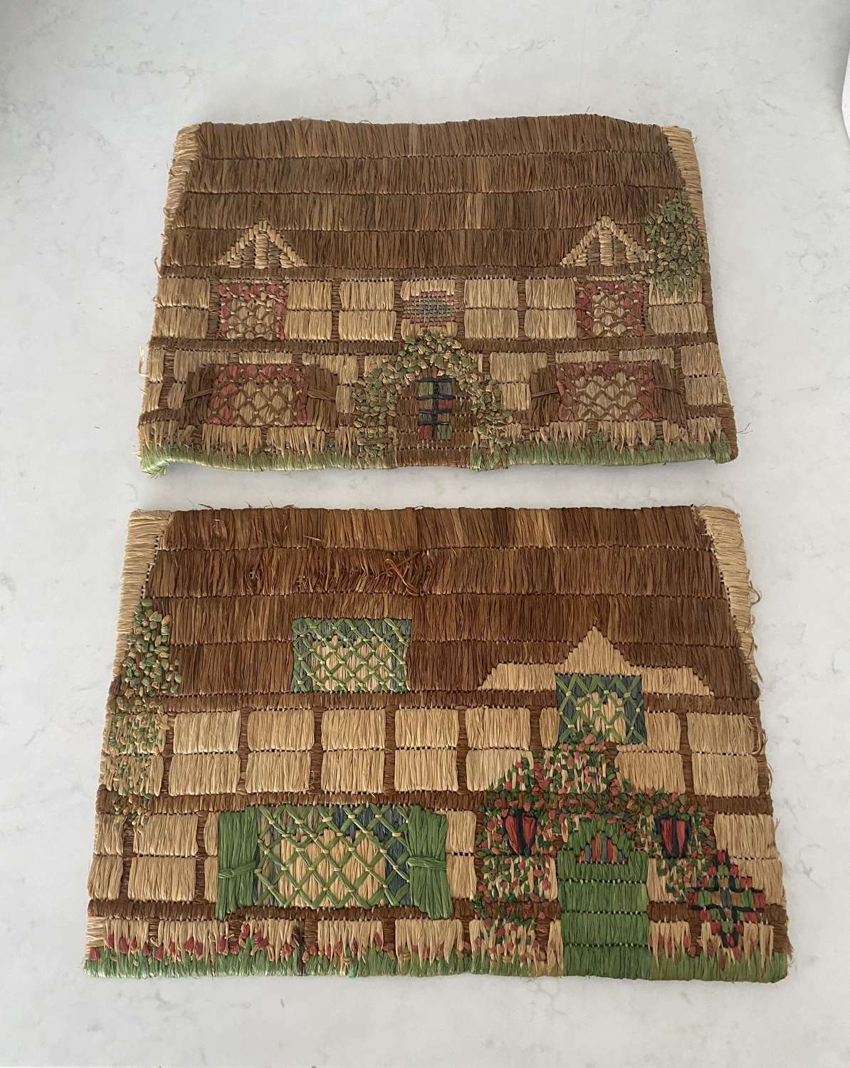 Two Early 20thC Hand Stitched Raffia Cottage Place Mats