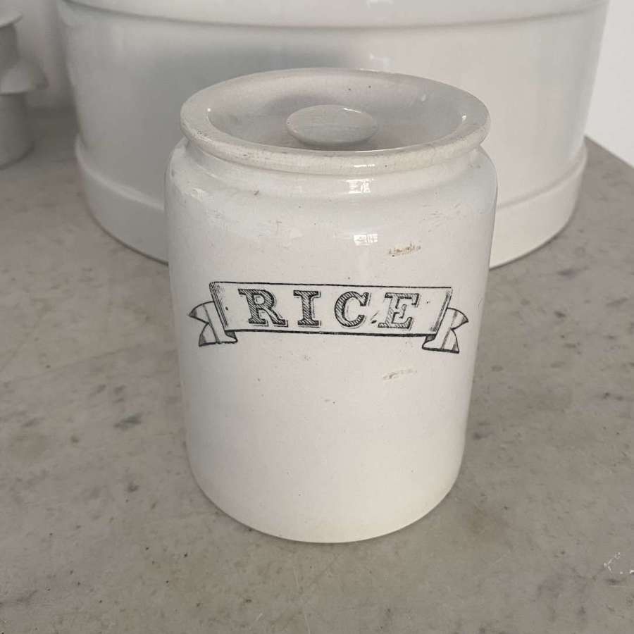 Late Victorian White Ironstone Kitchen Storage Jar with Lid - Rice