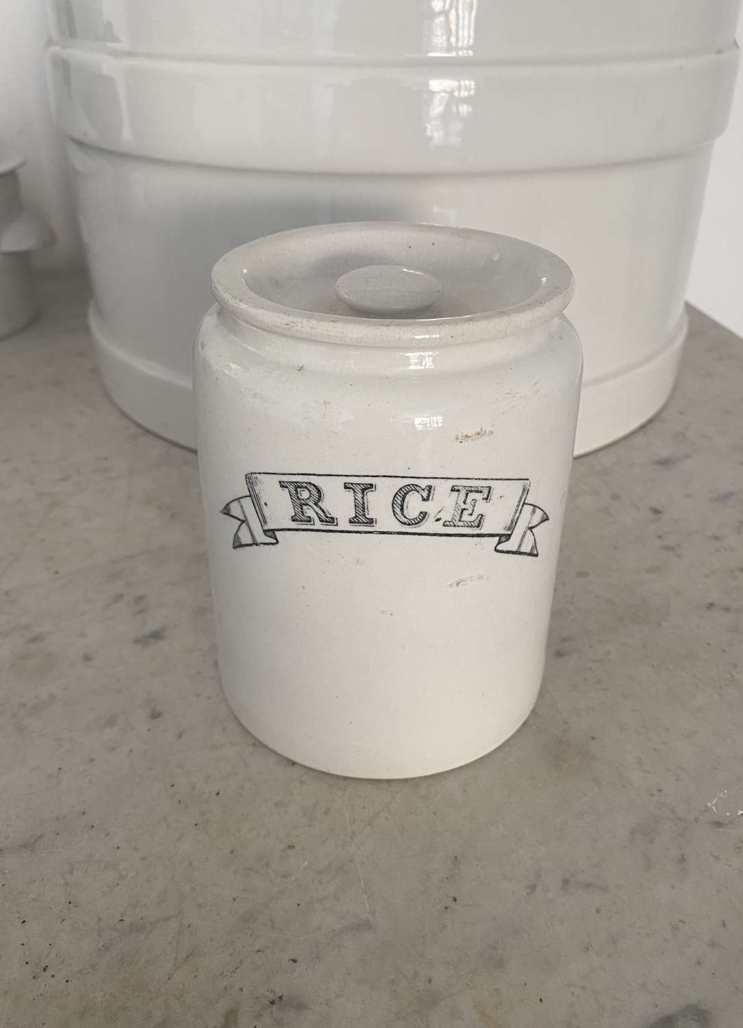 Late Victorian White Ironstone Kitchen Storage Jar with Lid - Rice