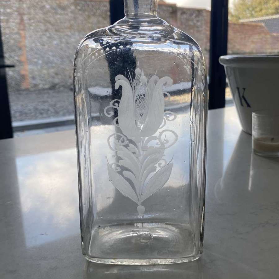 Georgian Hand Blown Etched Glass Bottle - Wonderful Condition