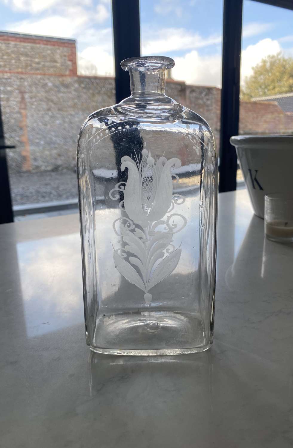 Georgian Hand Blown Etched Glass Bottle - Wonderful Condition