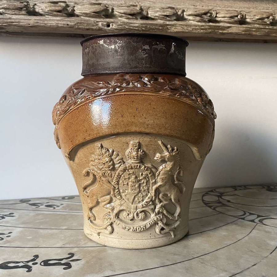 Victorian Stoneware Jar with Armorial Crest & Orig Tin Lid