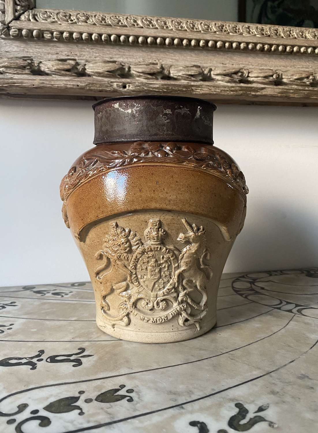 Victorian Stoneware Jar with Armorial Crest & Orig Tin Lid