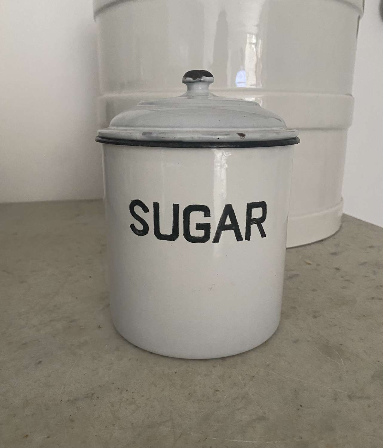 Early 20th Century Black on White Enamel Sugar Jar