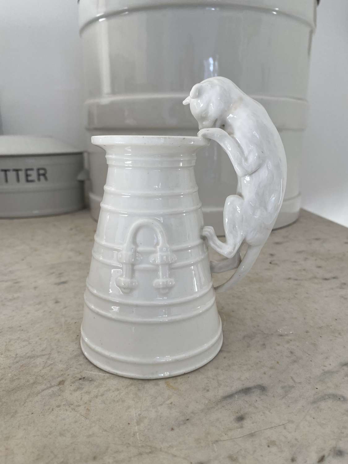 Early 20thC All White Cat That Got The Cream Jug - Mint Condition
